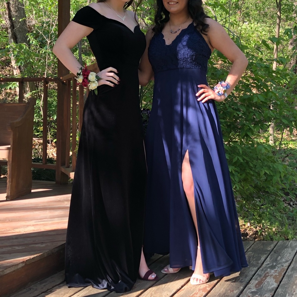 Black velvet off the shoulder prom dress